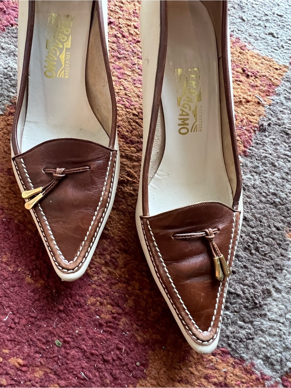 Salvatore Ferragamo Brown Pointed Toe Leather Loafers with Gold Accent - Picture 3 of 13
